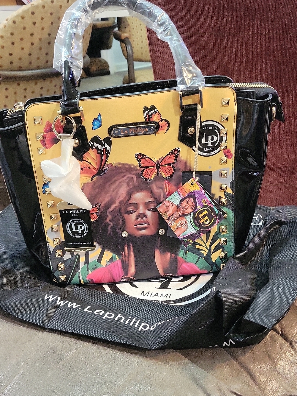 Women's Yellow & Black Butterfly Satchel